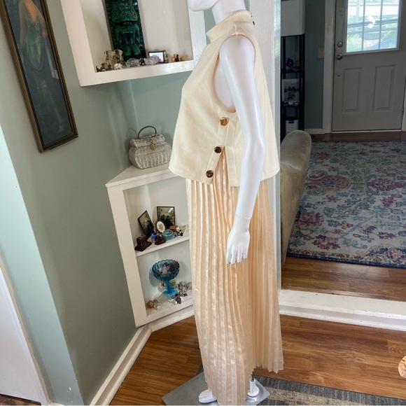 THML Cream Champagne Pleated Maxi/Midi Dress Sleeveless Layered Satin Large L - Picture 11 of 14